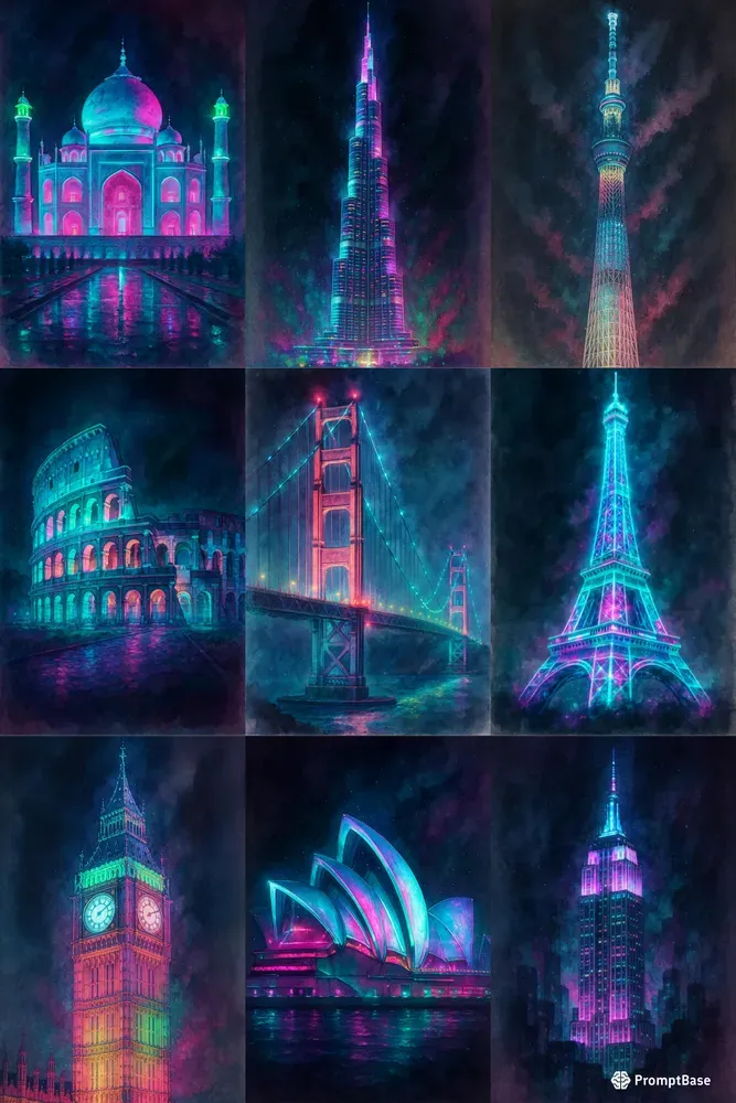 Cyberpunk Watercolor Landmarks