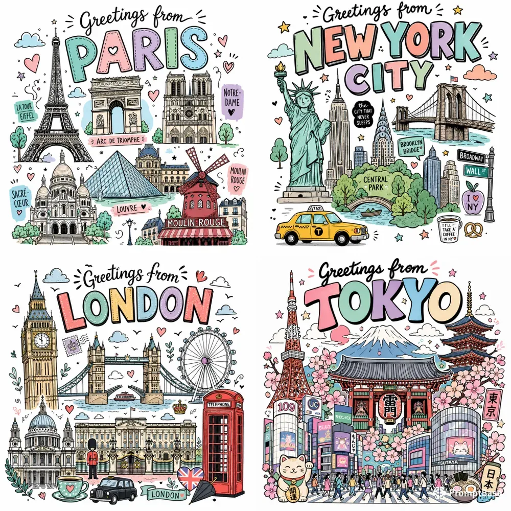 Whimsical Travel City Tshirts