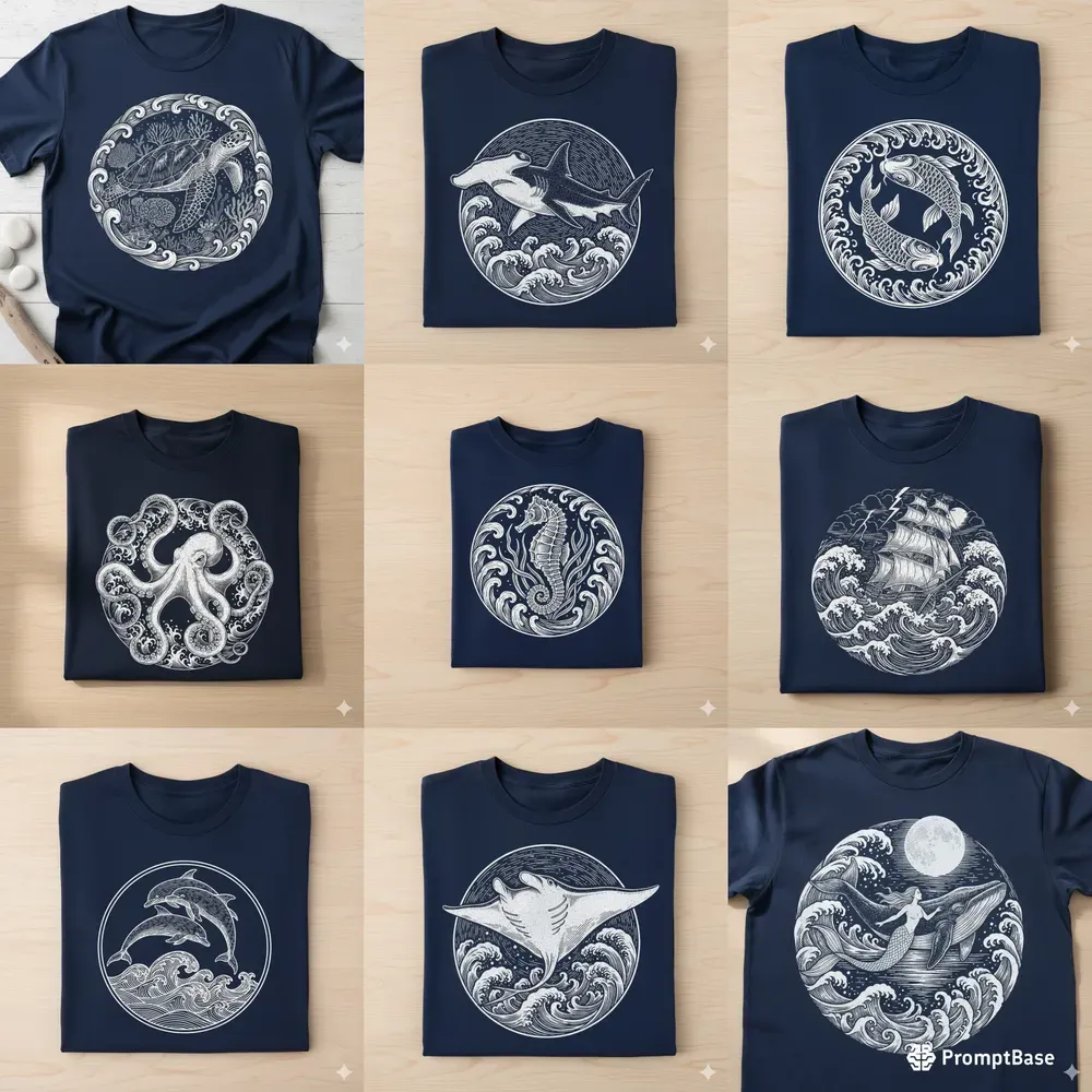 Handdrawn Marine Art Tshirt Collections
