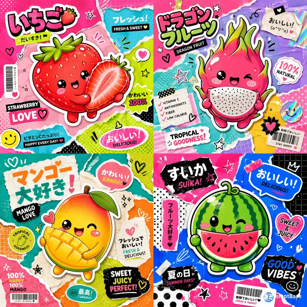 Kawaii Fruit Sticker Collage Generator
