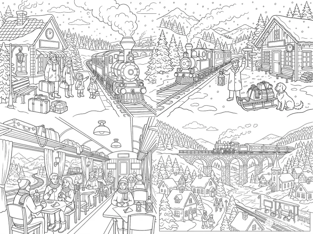 Snowy Winter Railway Coloring Pages