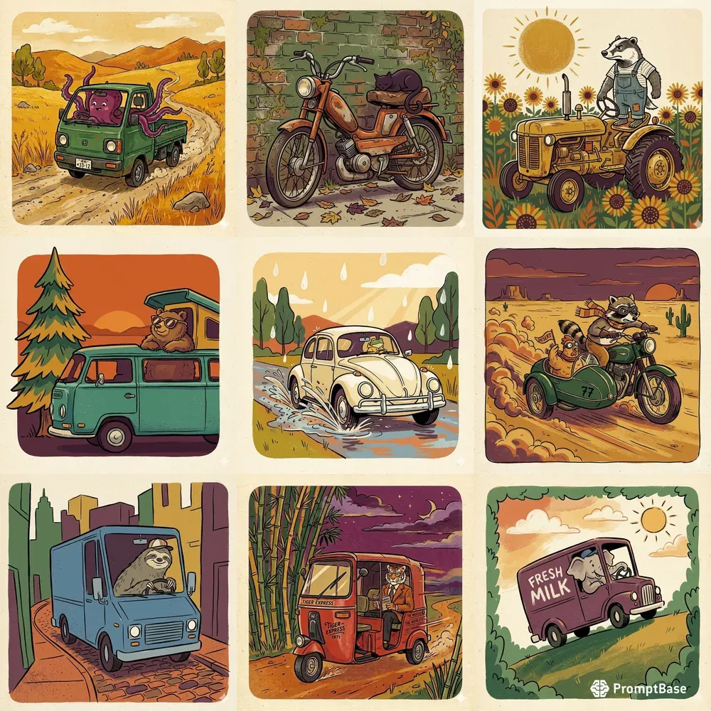 Retro Ink Gouache Animal Vehicle Art