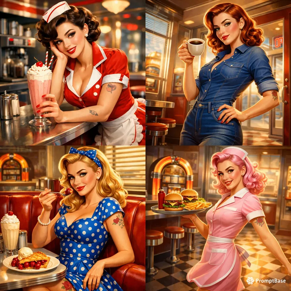 Retro Pinup Diner Girl Illustrations