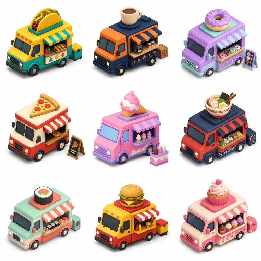 Cute Isometric Food Trucks