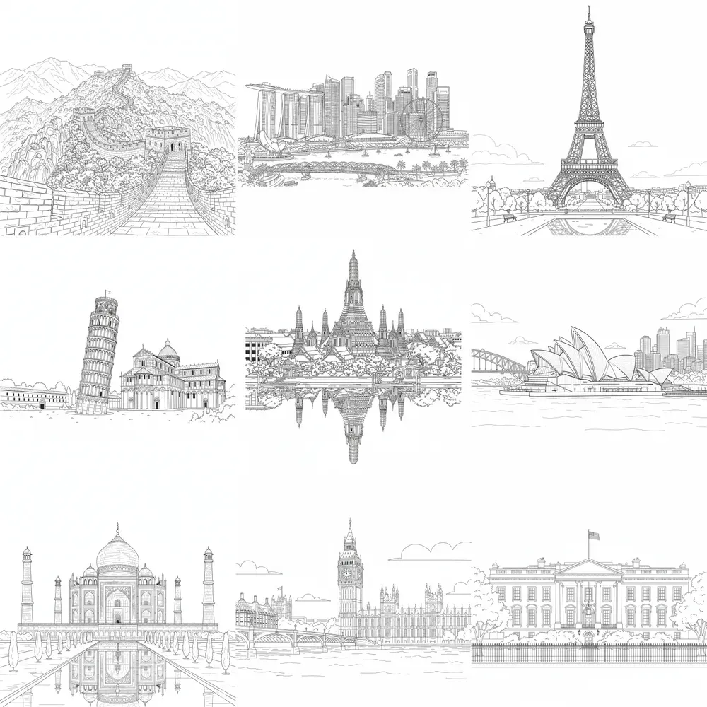 Landmark Line Art Coloring Pages