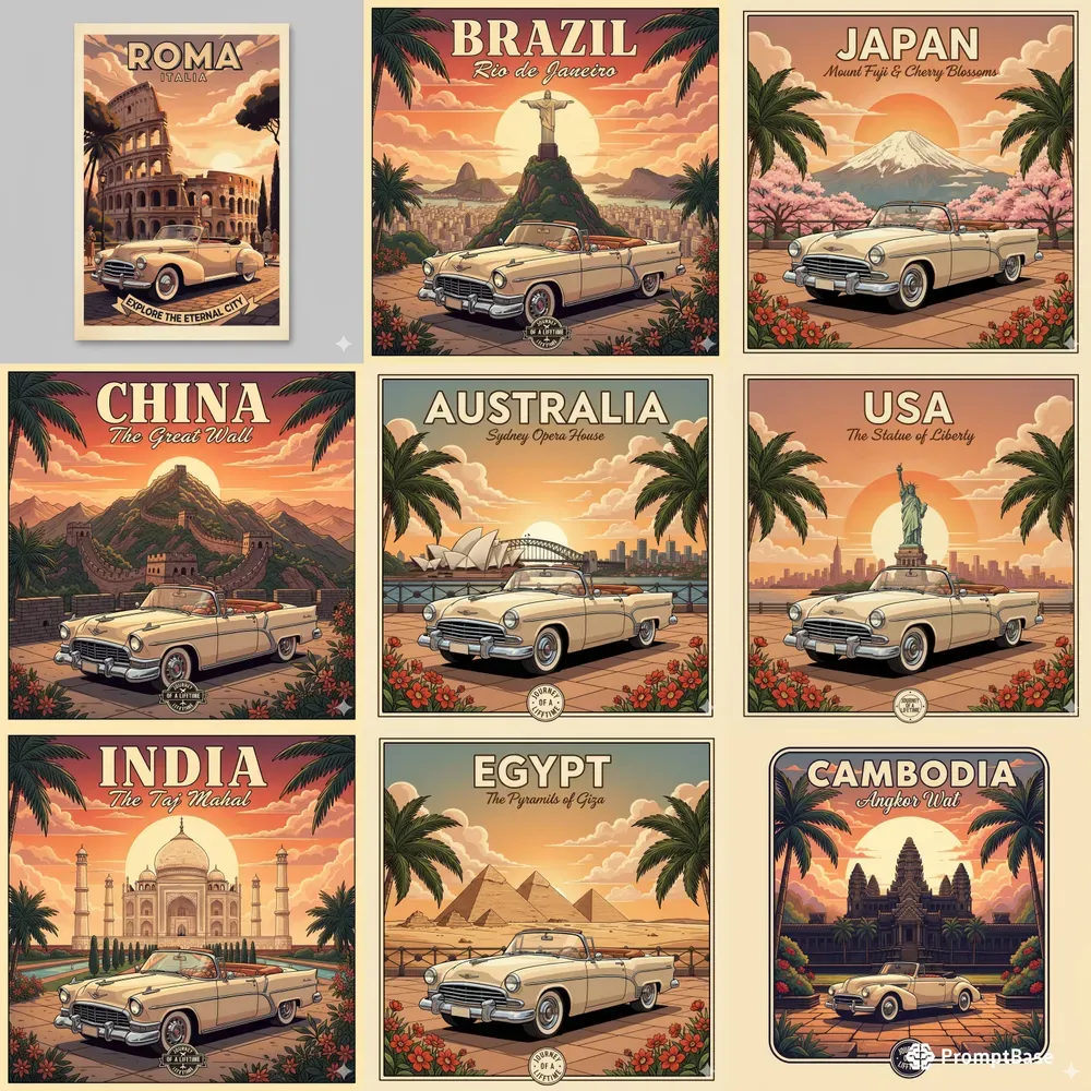 World Landmark Retro Car Art Generators