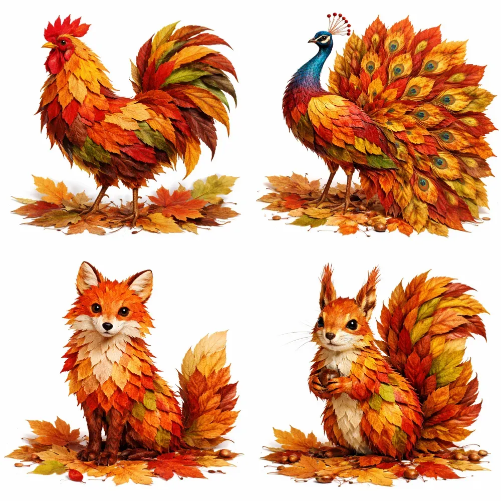 Autumn Leaf Animal Collage Art