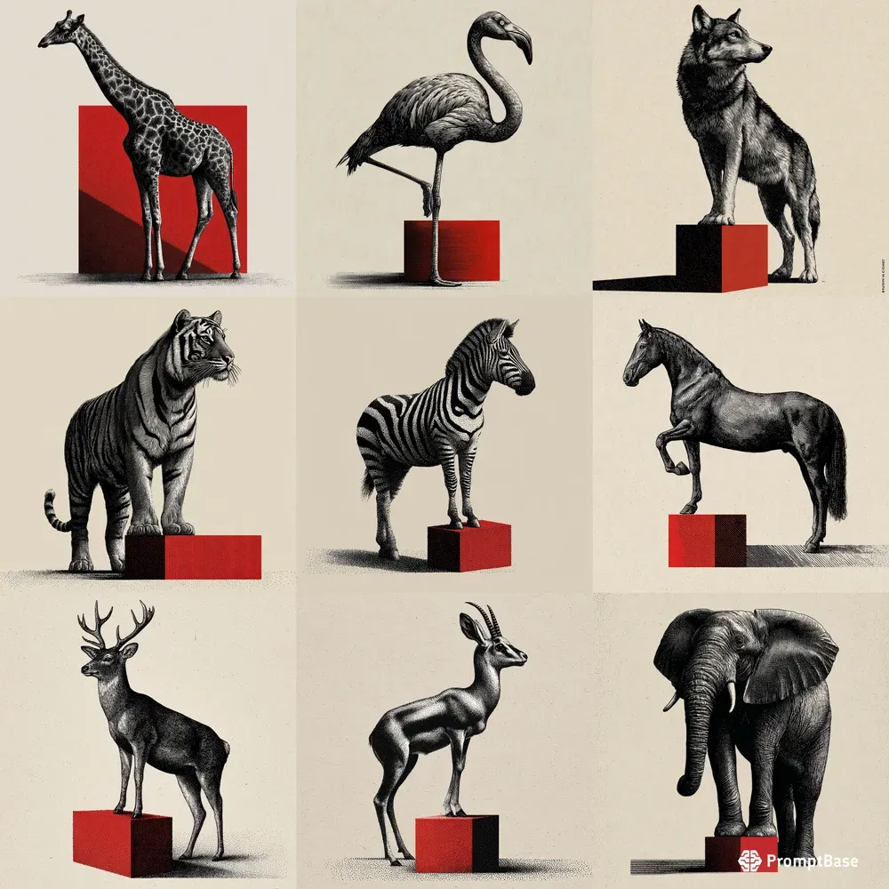 Black And White Vintage Animals Red Boxes