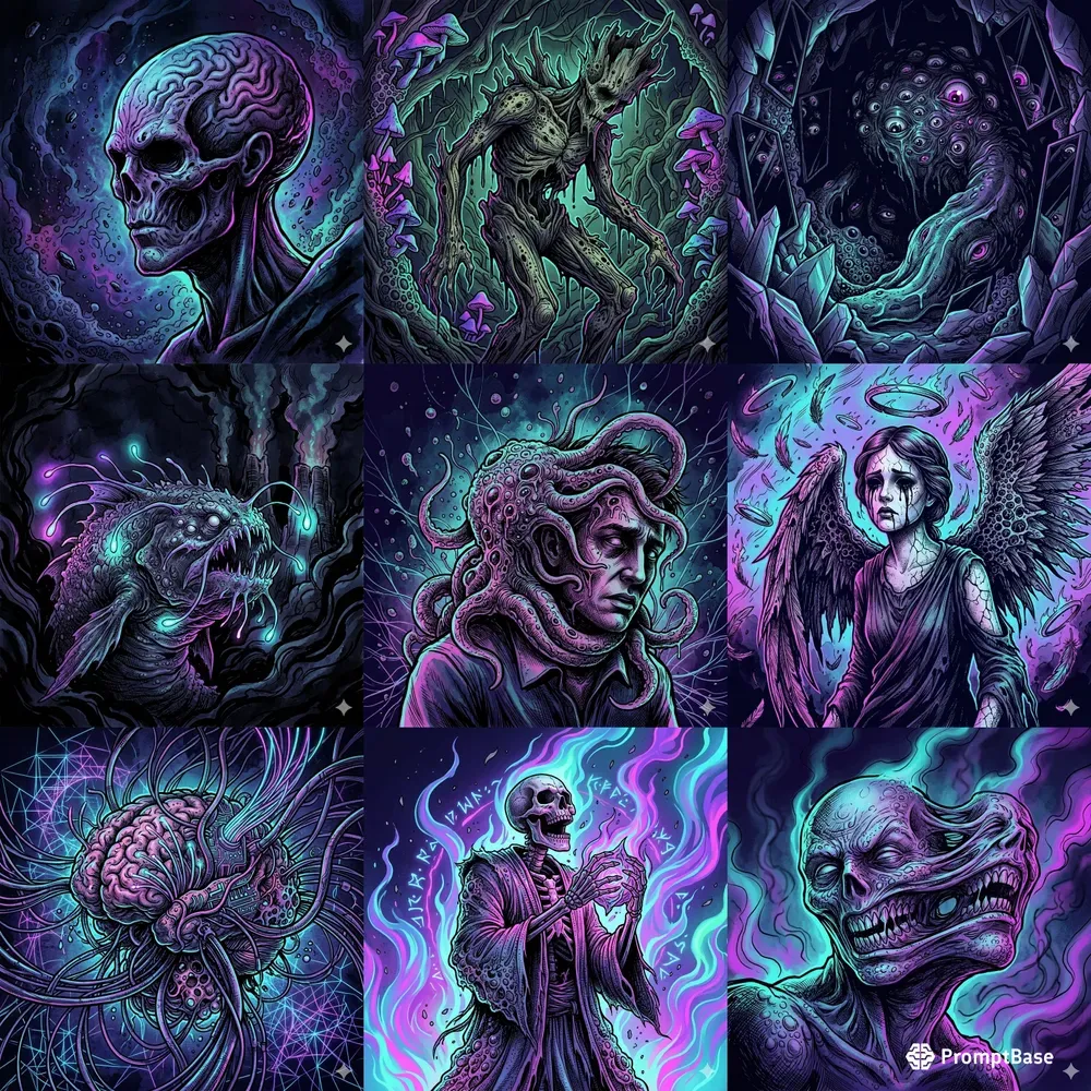 Neon Eldritch Horror Ink Illustrations