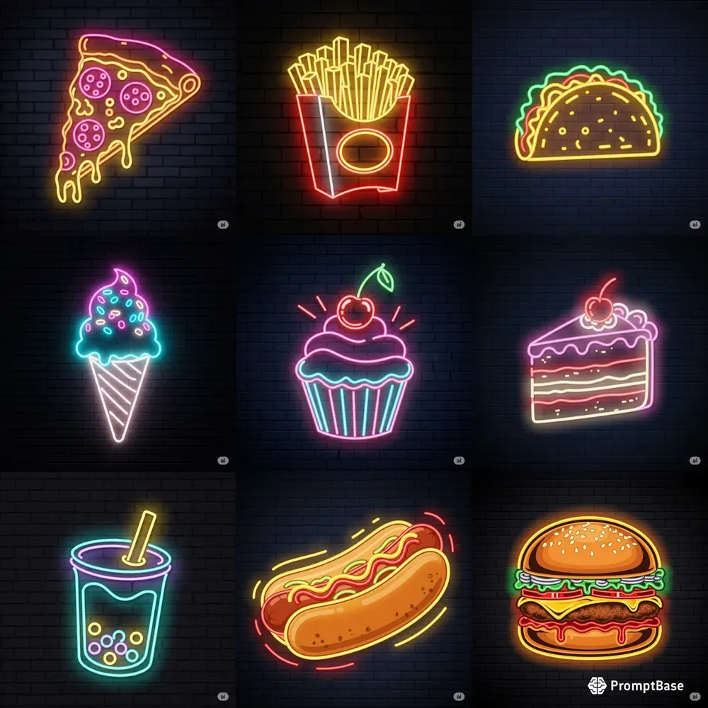 Glowing Bites Neon Food Icons