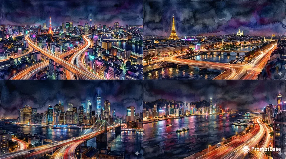 Atmospheric Night City Watercolor Panos