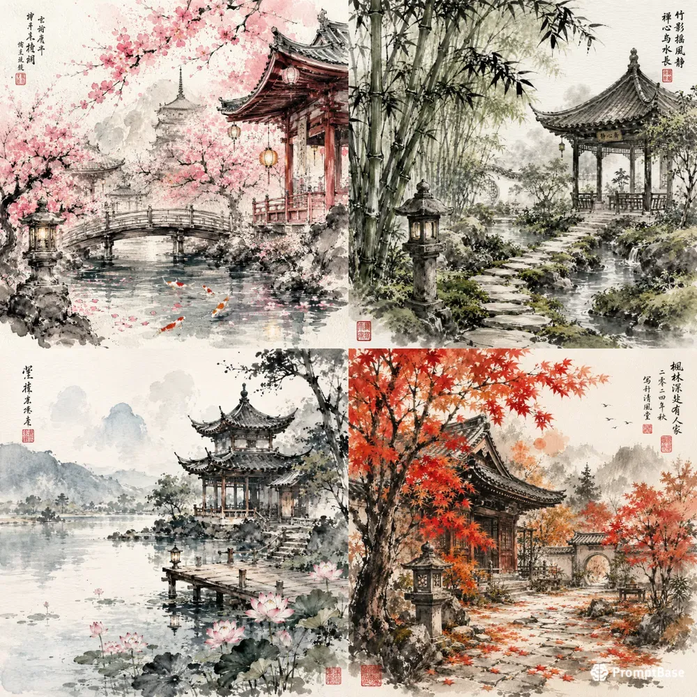 Zen Ink Watercolor Scenes