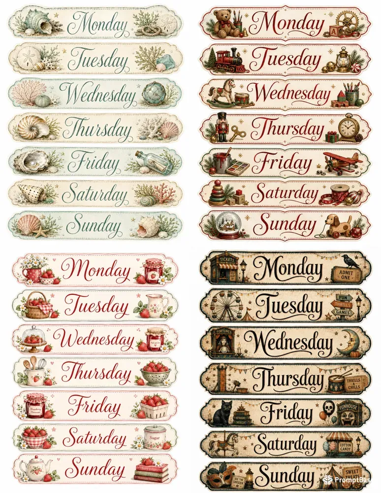 Weekday Label Strip Ephemera Sheets