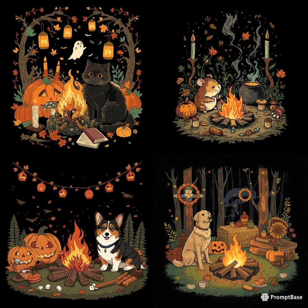 Vintage Halloween Campfire Pets