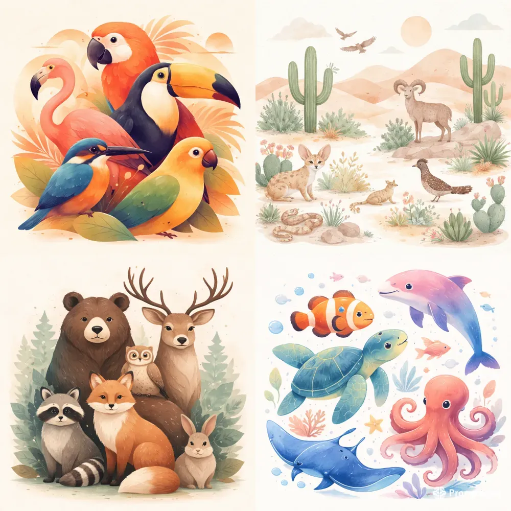 Flat Vector Watercolor Animal Designs