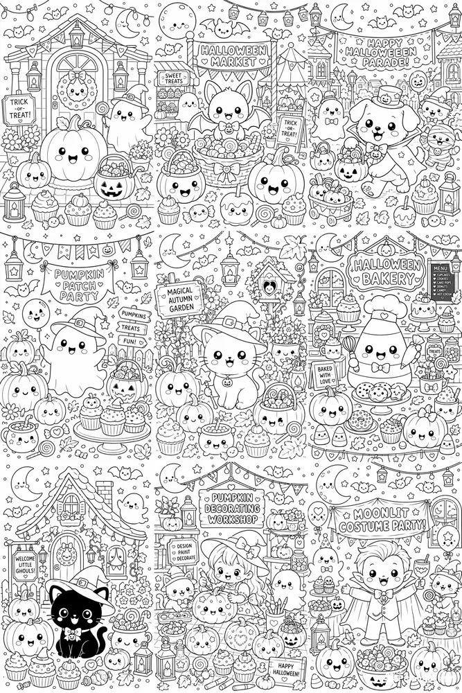 Kawaii Halloween Coloring Line Art