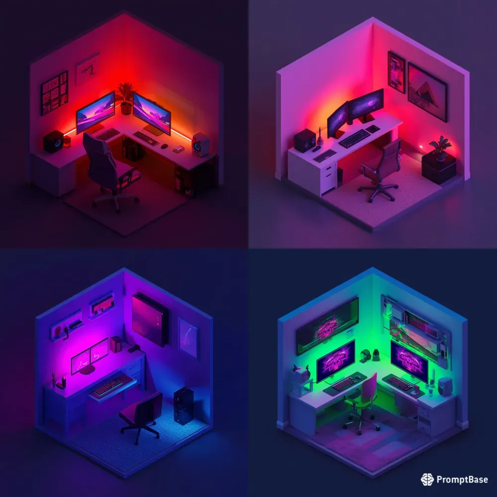 3d Isometric Neon Gaming Rooms