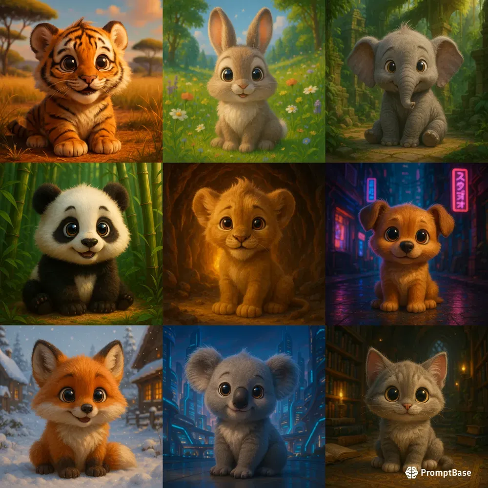 Cute Baby Animals In Fantasy Scene