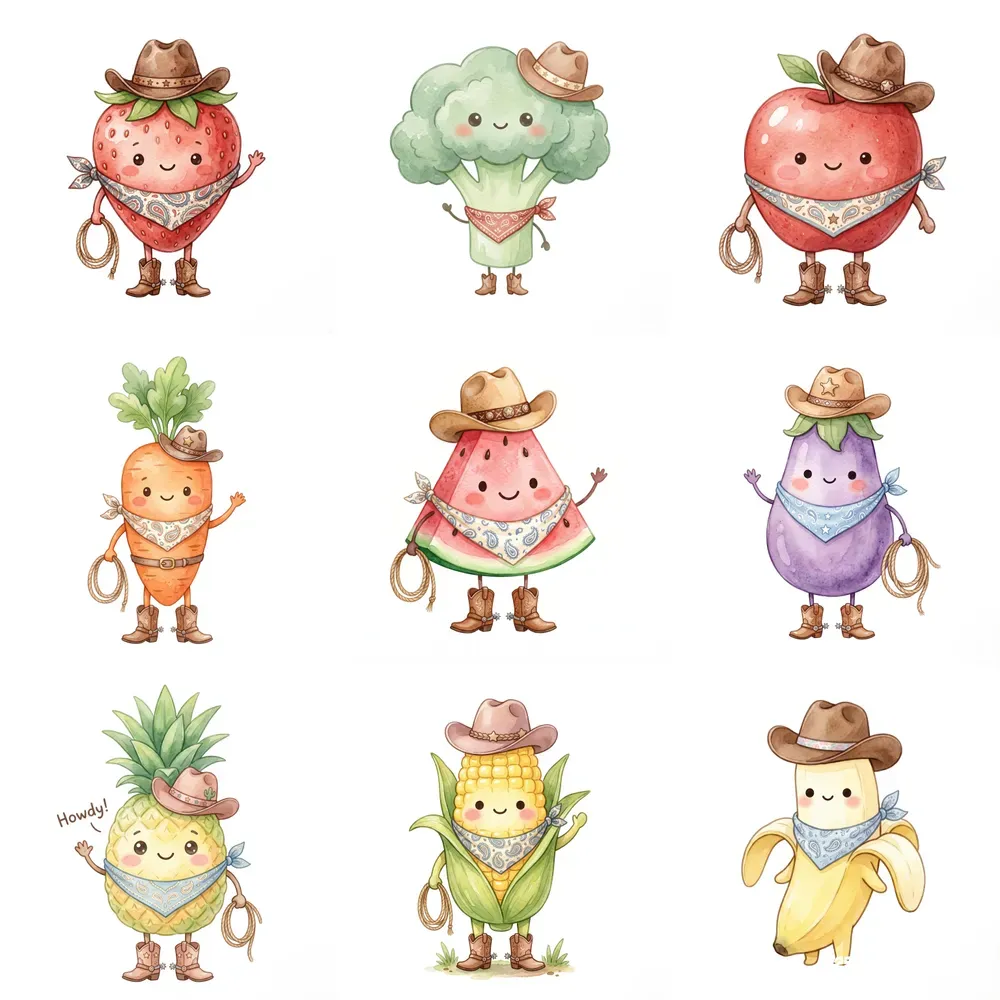 Howdy Kawaii Watercolor Food Clipart
