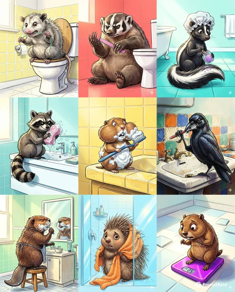 Whimsical Animal Bathroom Sketch Art