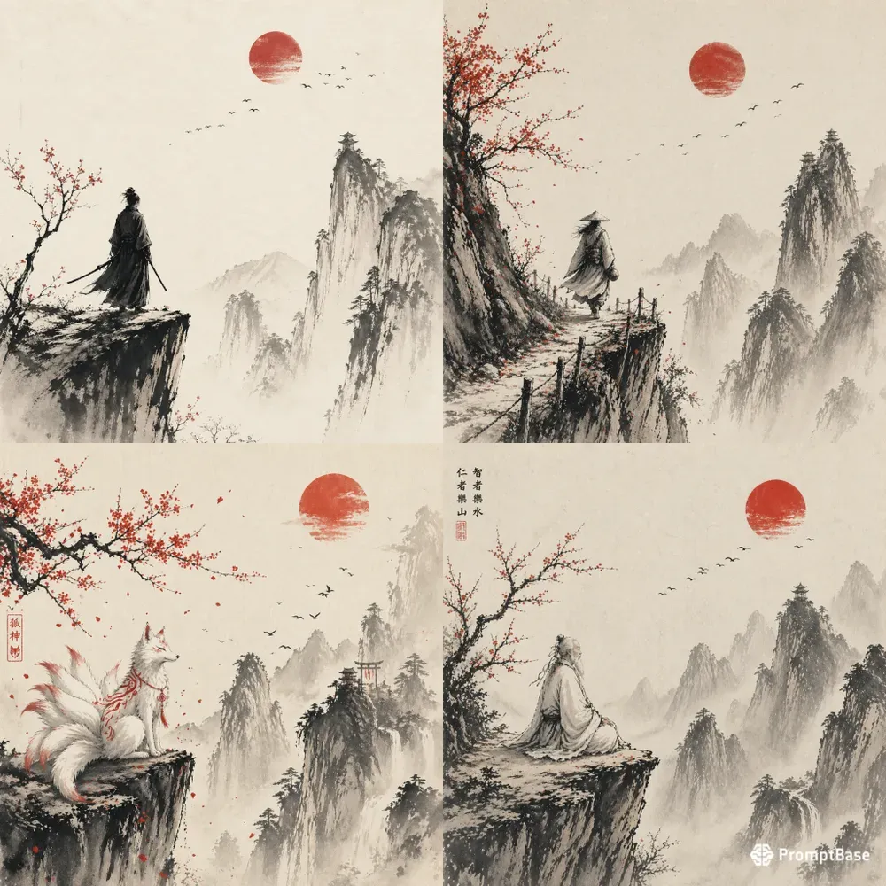 Zen Ink Landscape Lone Wanderers