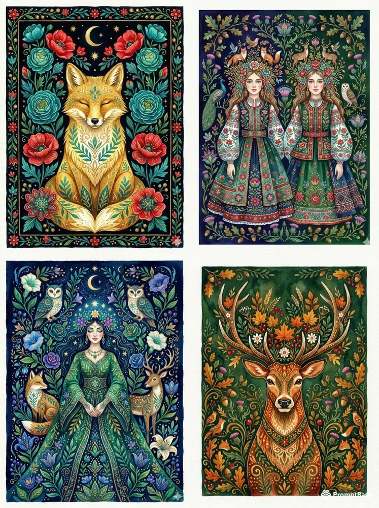 Vibrant Folk Watercolor Art