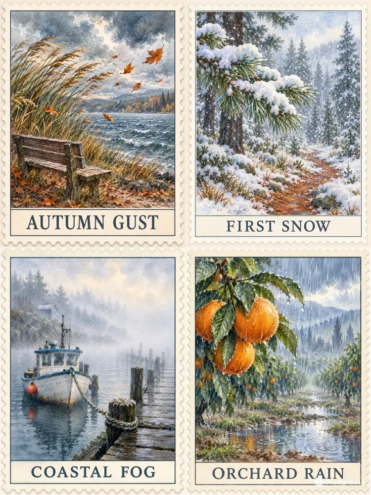Watercolor Weather Postage Stamps
