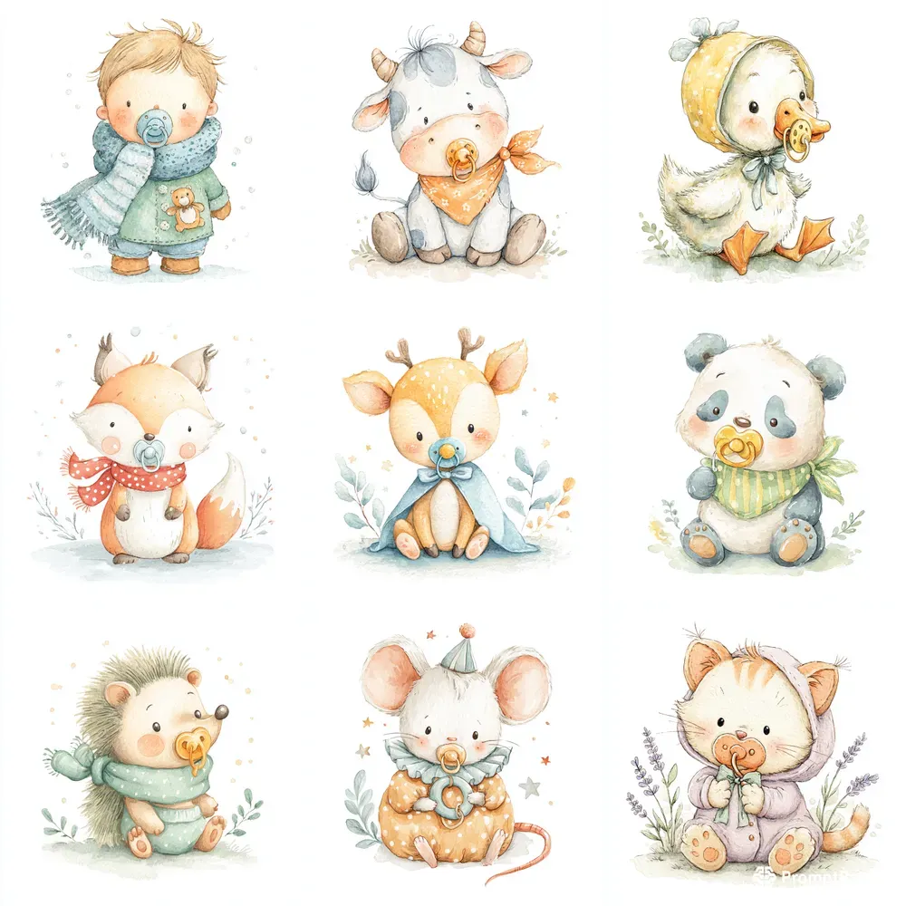 Kawaii Watercolor Character Cliparts