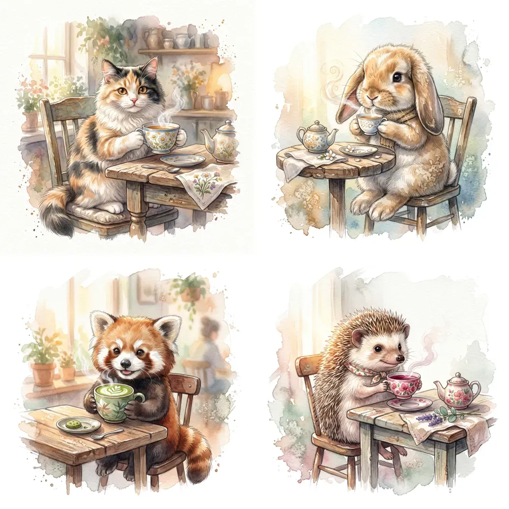 Watercolor Cafe Animal Sticker Clipart