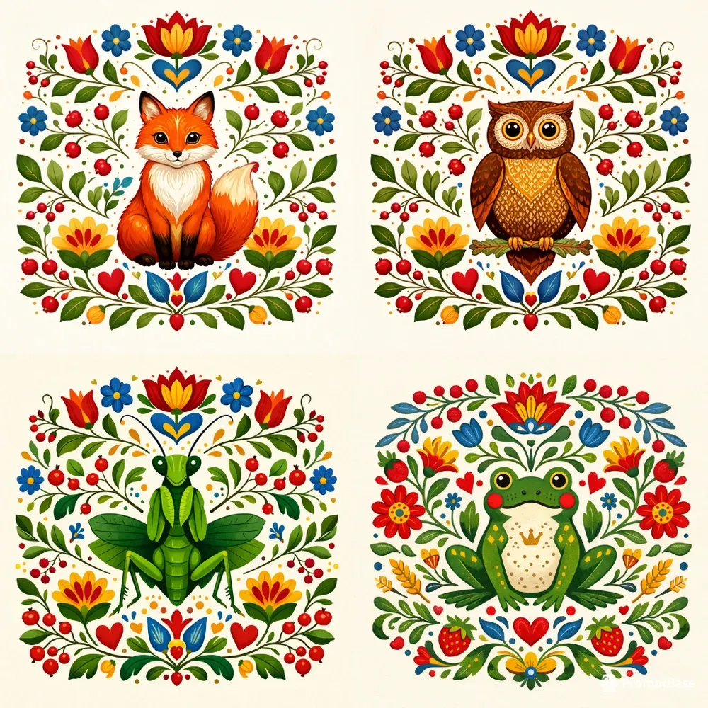 Folk Art Symmetrical Animal Illustrations