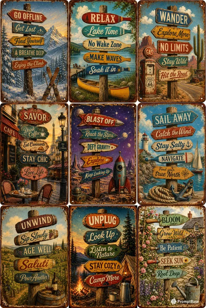 Vintage Rusted Directional Tin Signs