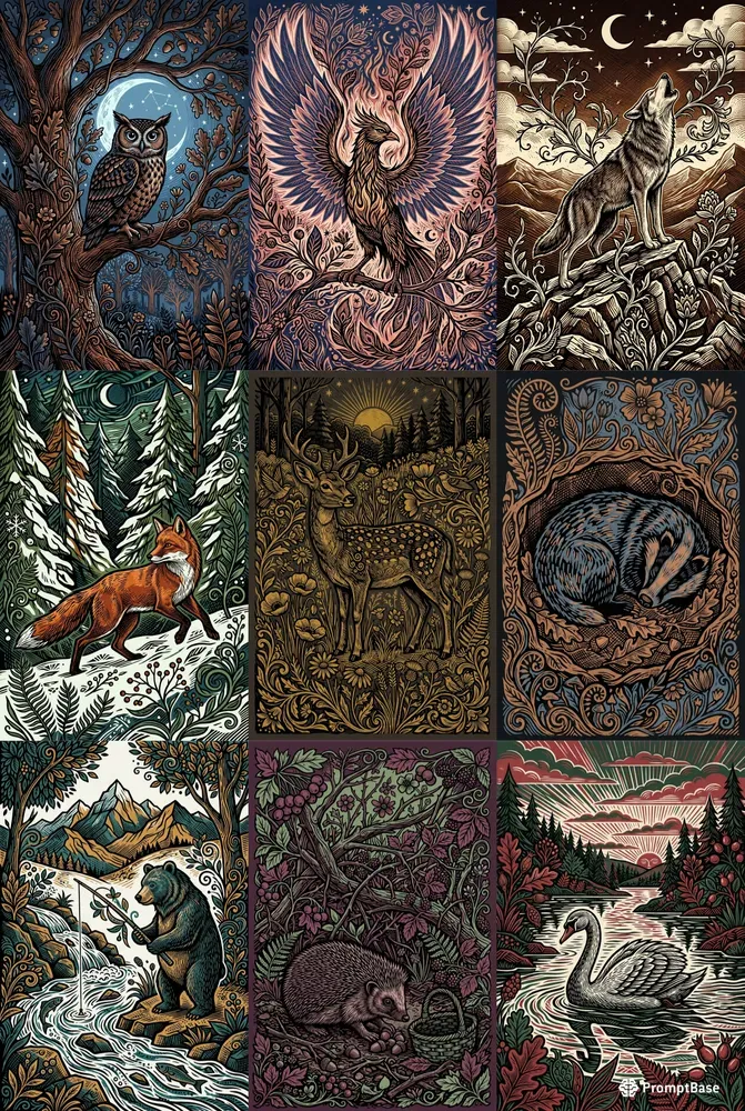 Folk Linocut Animal Story Art