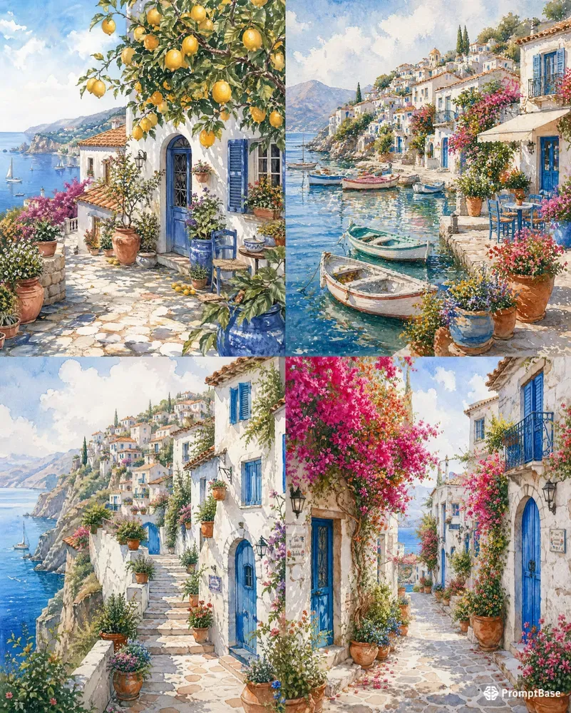 Dreamy Mediterranean Watercolor Villages