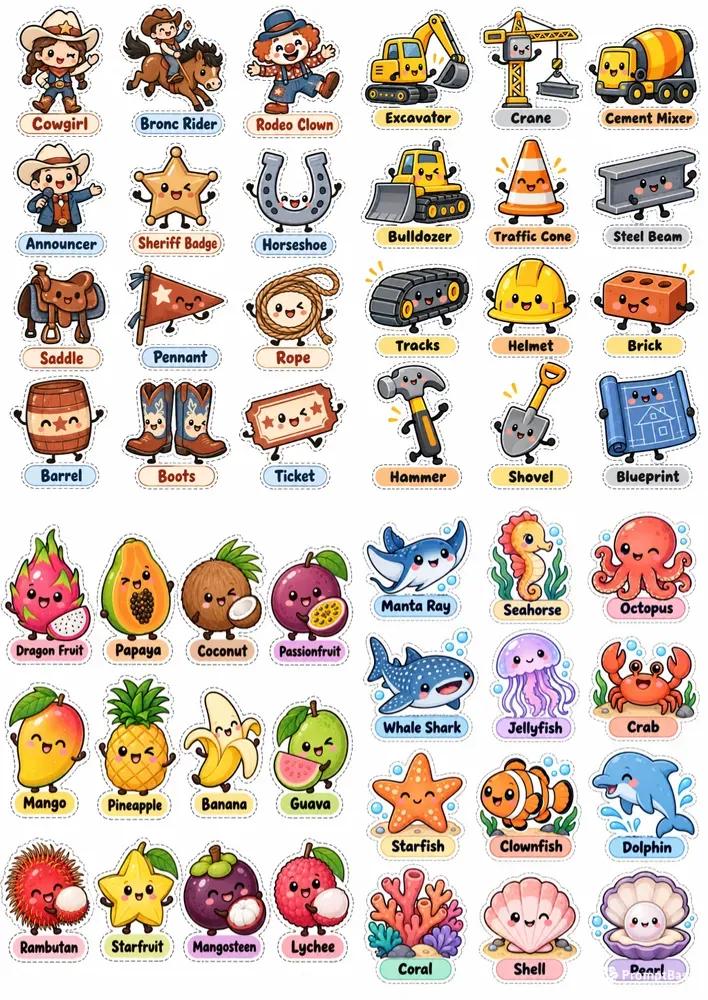 Kawaii Word Learning Sticker Cliparts