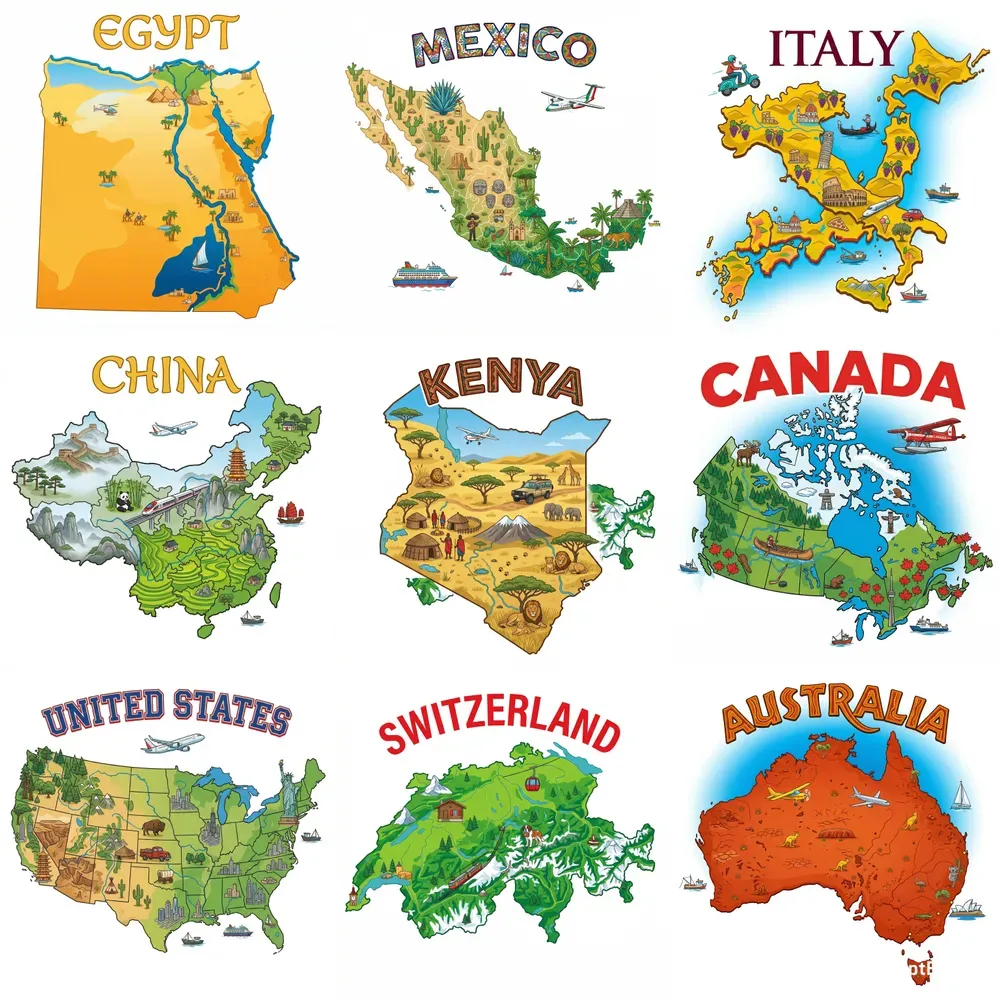 Vibrant Cultural Countries Terrain Maps