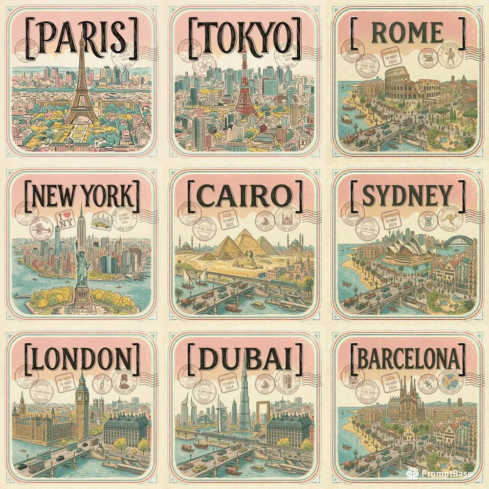 Handdrawn Vintage Travel Postcards