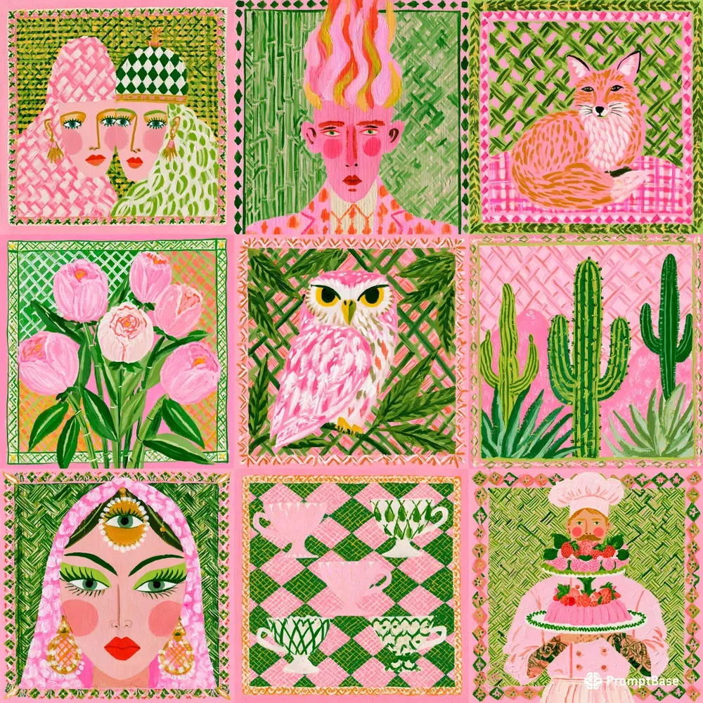 Pink Green Folk Illustrations