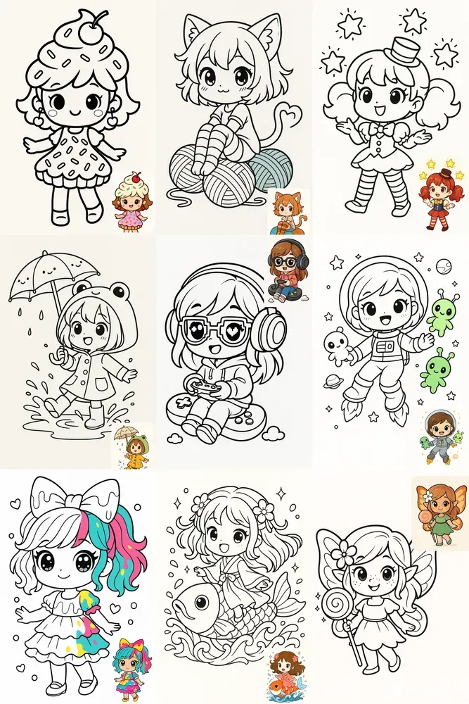 Chibi Girls Coloring Page Bundles