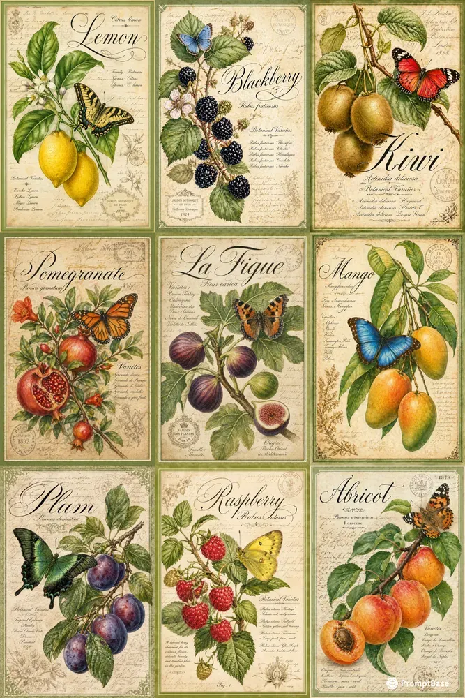Vintage Botanical Fruit Butterfly Art