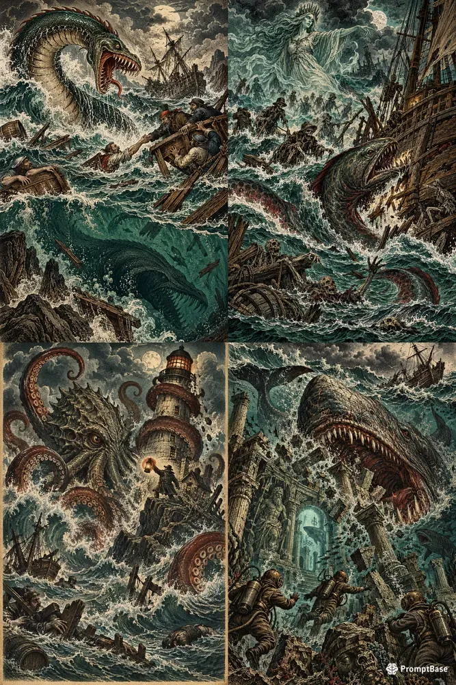 Dark Ocean Horror Engravings