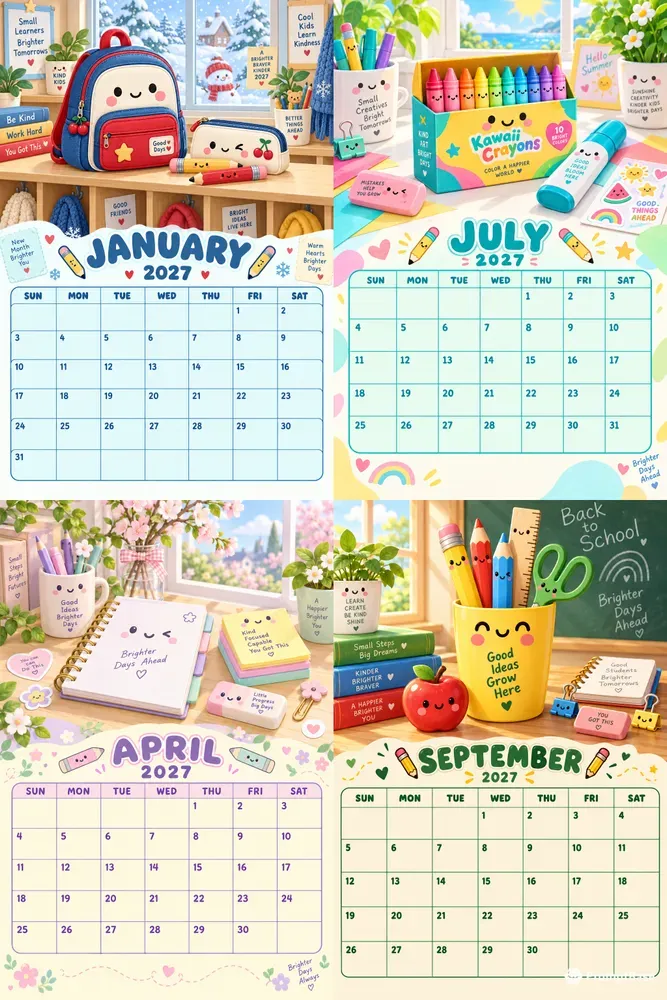 Kawaii School Supplies 2027 Calendars