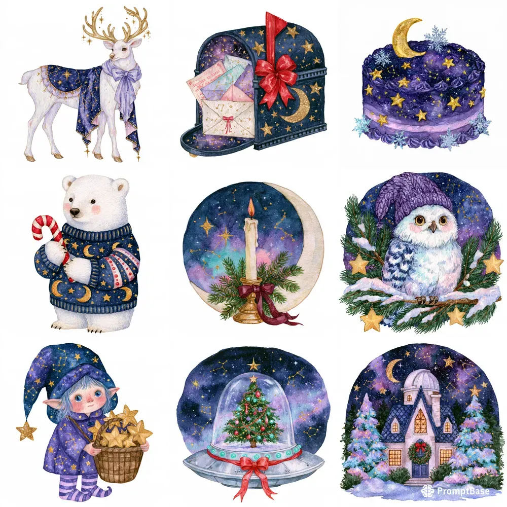 Cosmic Christmas Watercolor Clipart