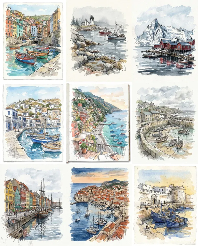 Watercolor Ink Coastal Harbor Sketches