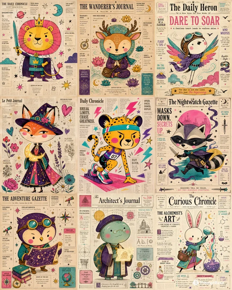 Vibrant Whimsical Newsprint Folk Art