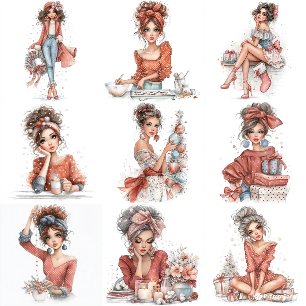 Cozy Christmas Female Characters Clipart