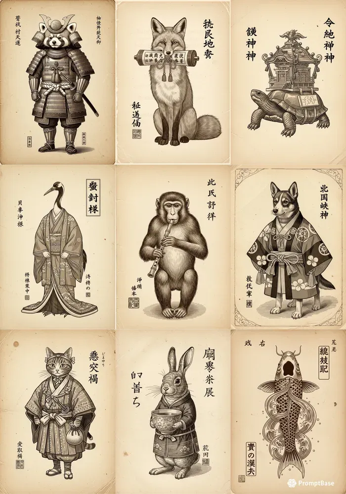 Vintage Edo Sepia Illustrations