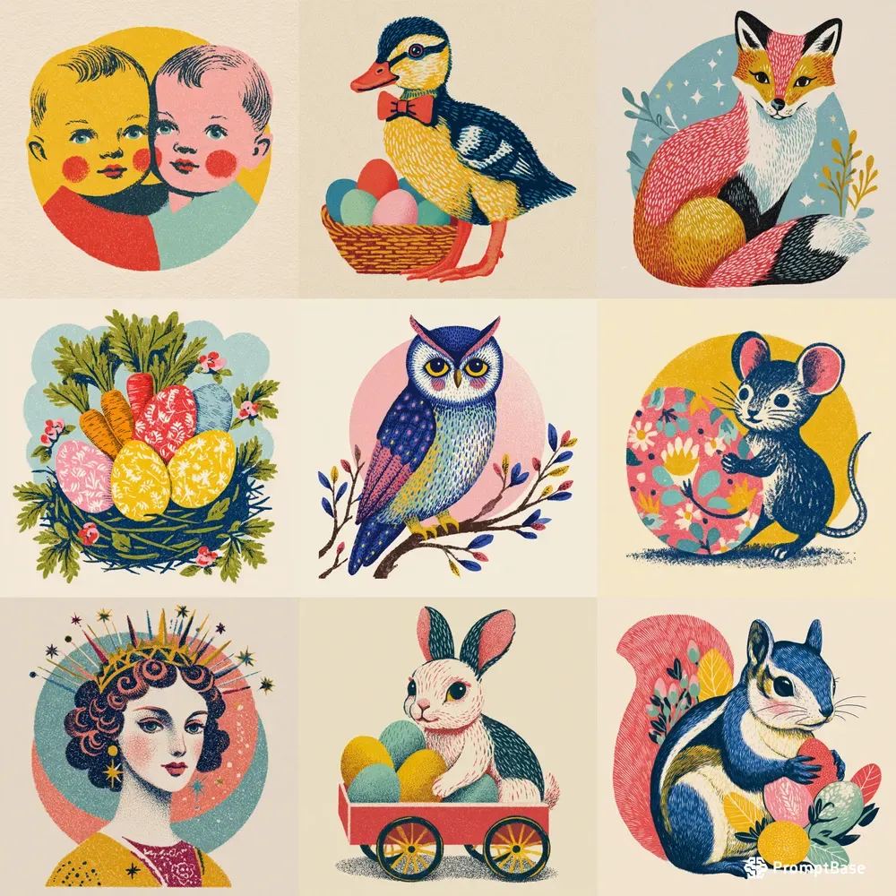Vintage Easter Folk Illustration Style