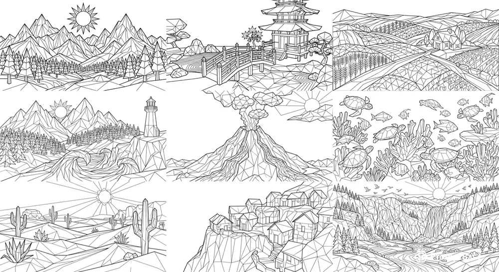 Origami Landscapes Adult Coloring Pages