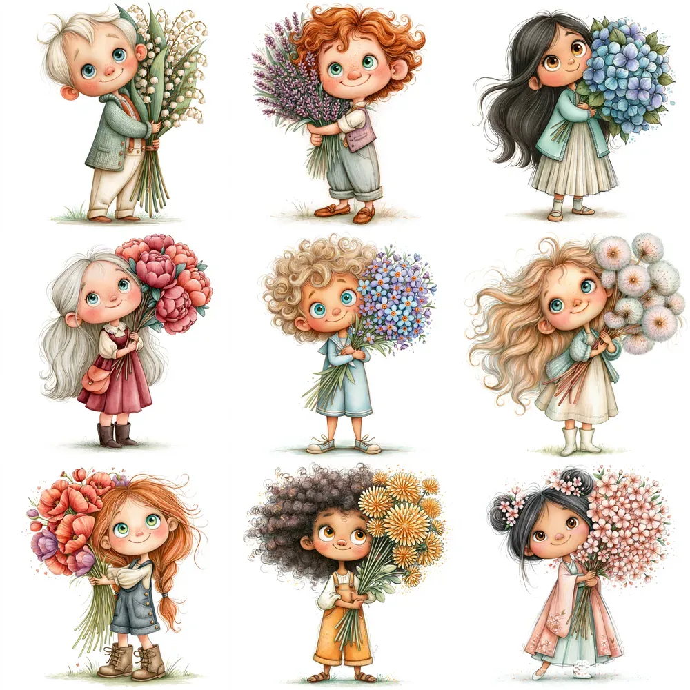 Kids With Flower Bouquets Clipart