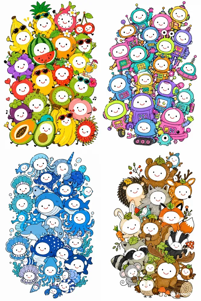 Whimsical Naive Doodle Character Clusters